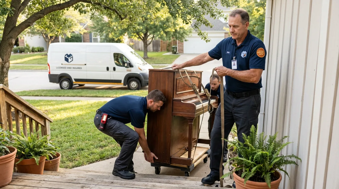 Licensed piano movers securing grand piano in Grandview, MO