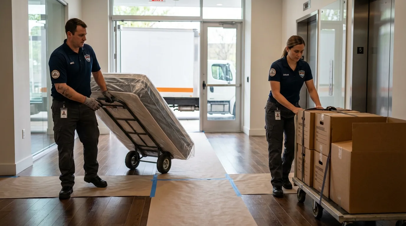 Professional apartment movers loading elevator in Grandview, MO